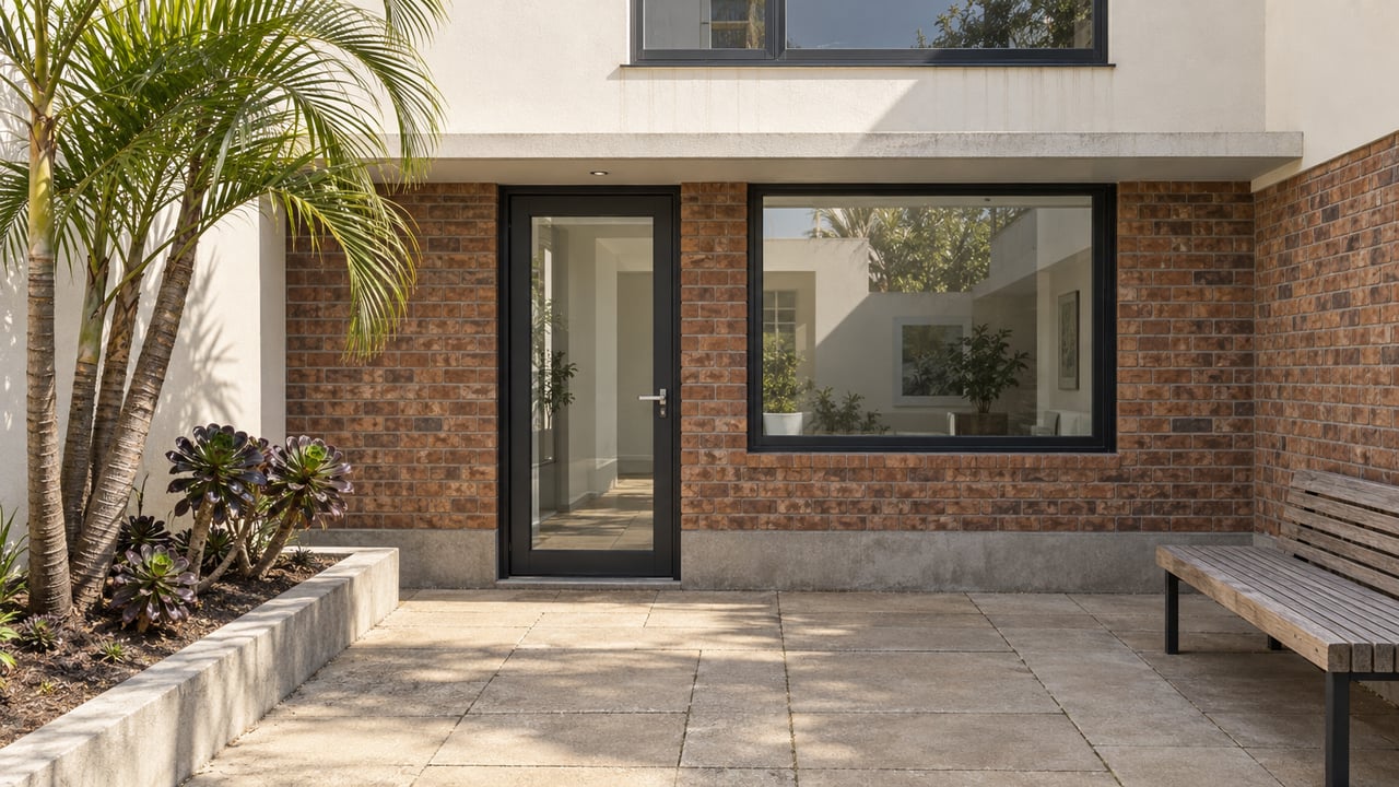 Morning sunlight across a brick and cream townhouse entry, with black-framed glass, a teak bench and a small planted court.