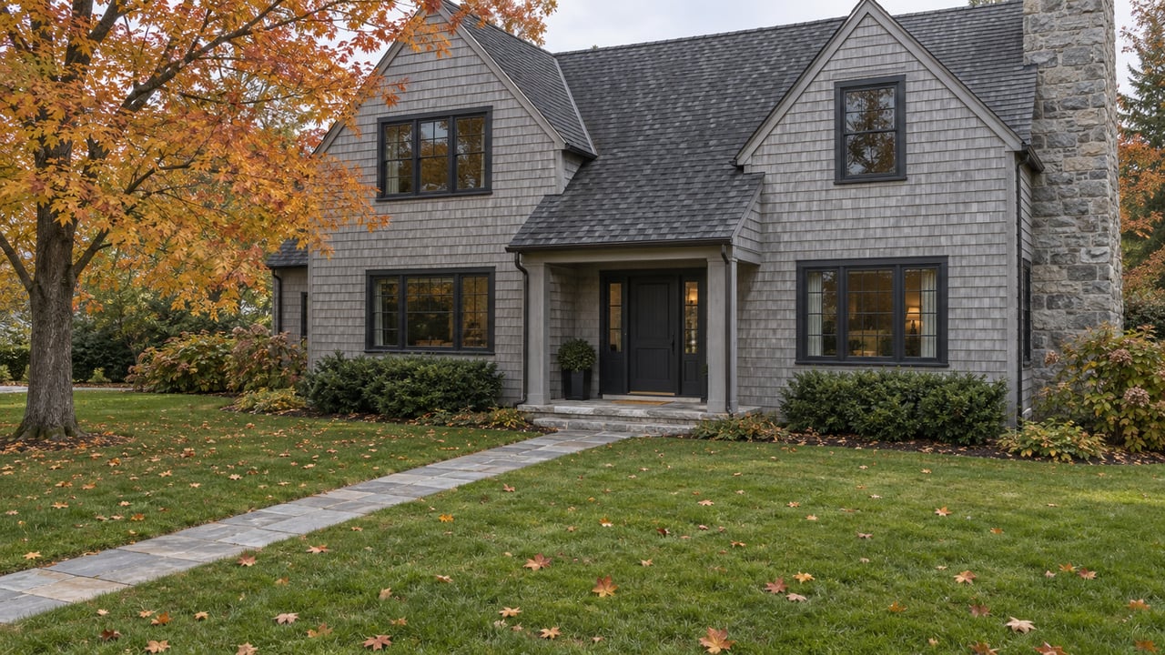 Shingled two-story house beyond a lawn, with diagonal granite walk, stone chimney, and amber maple.