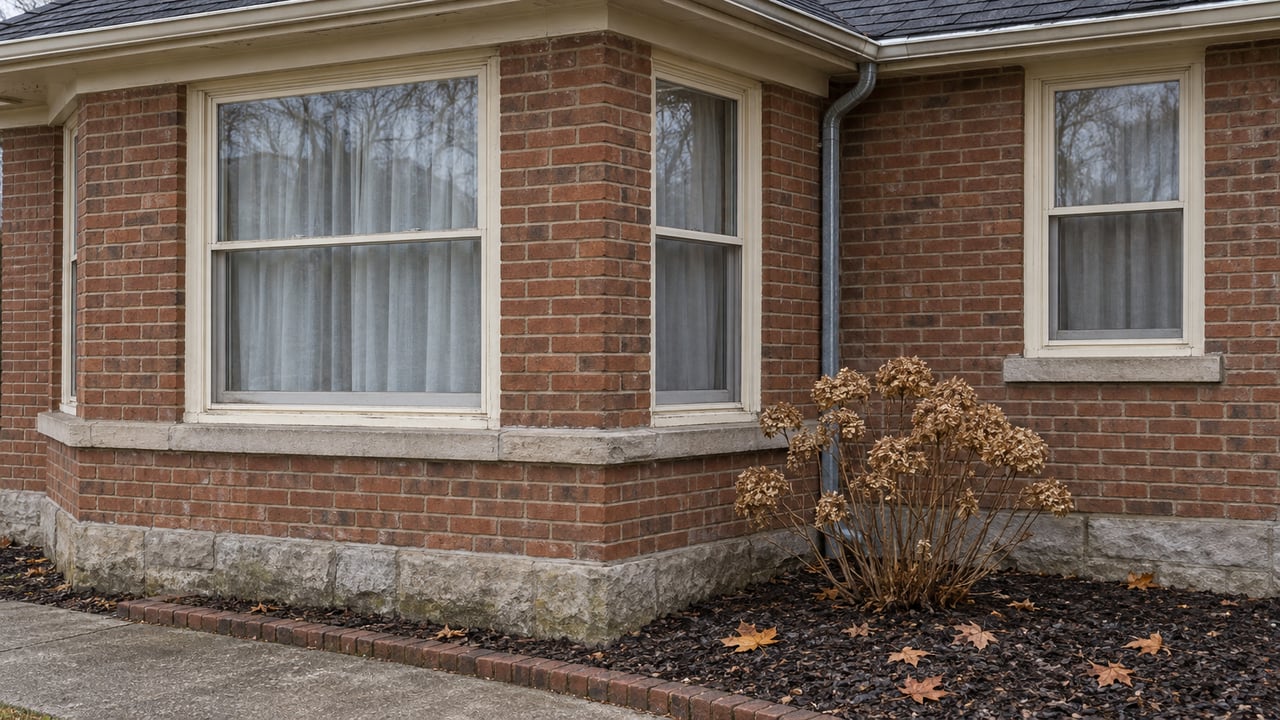 Russet brick bungalow window bay with cream-painted wood trim, weathered limestone foundation and dried hydrangea flowers on an overcast autumn morning.