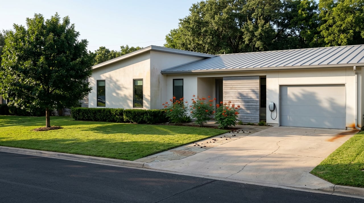 Contemporary stucco home with a low metal roof, diagonal driveway, and orange-red entry flowers.