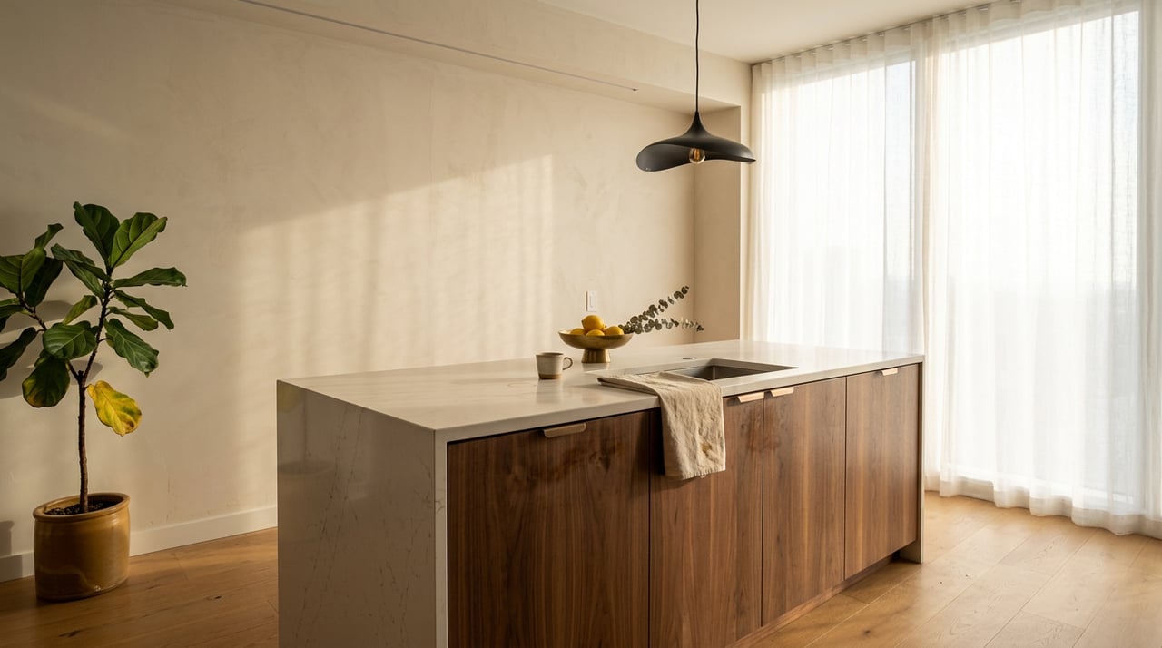 Kitchen island with walnut cabinets, veined quartz countertop, brass bowl of lemons, and a potted fiddle-leaf fig.