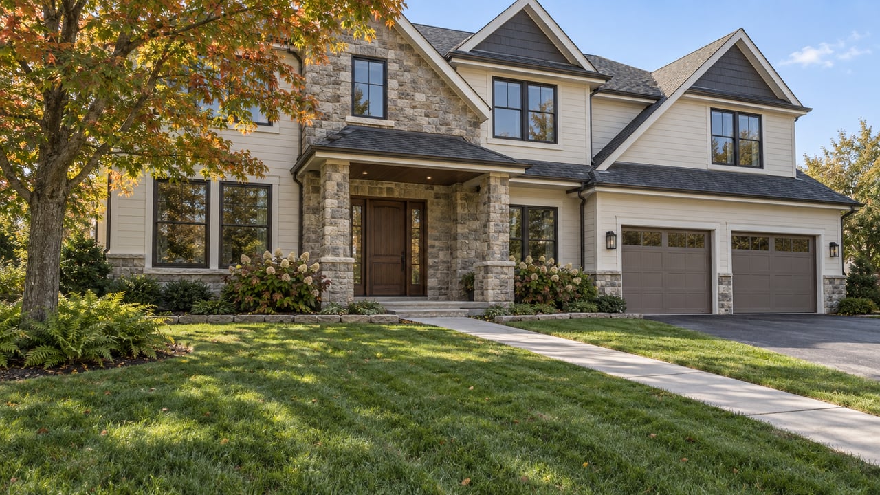 Two-story house with stone facade, covered entry, two-car garage, and autumn leaves.
