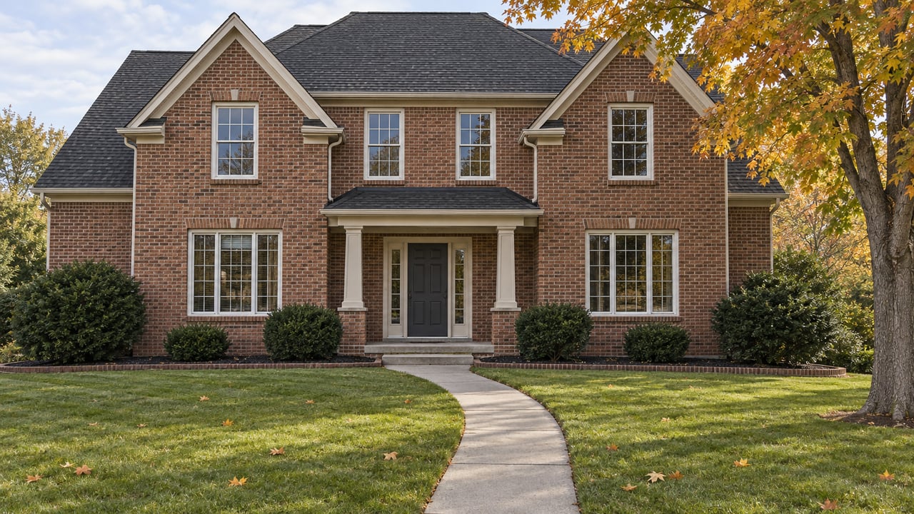A two-story brick home behind a deep autumn lawn, with divided-light windows, a central covered entry and a copper-yellow sugar maple.