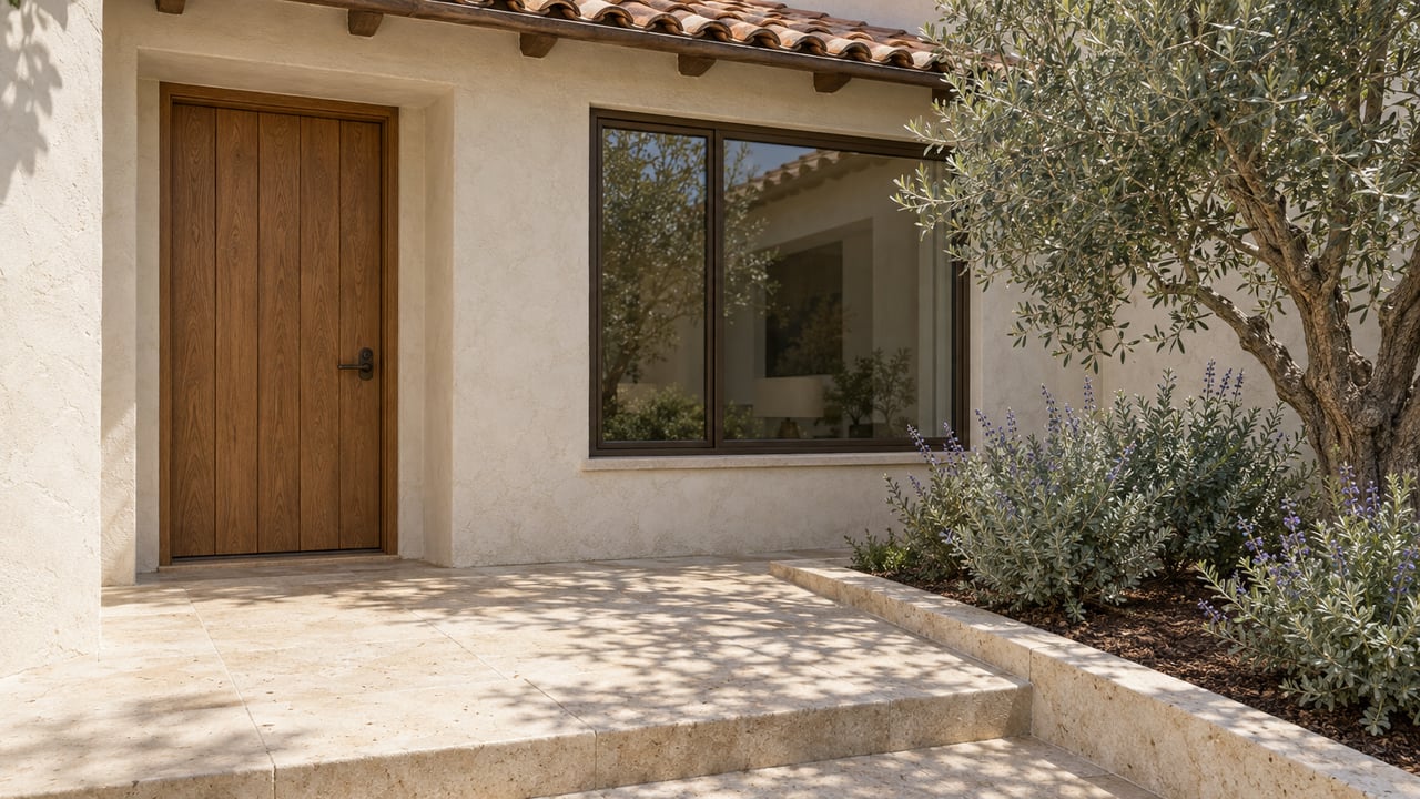 Sunlit stucco home entrance with an oak door, bronze-framed window, limestone steps and a silver-leaved olive tree.