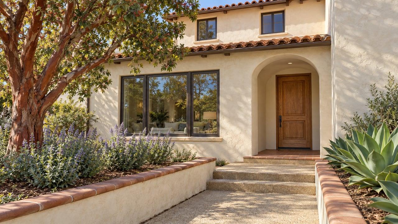 An ivory stucco home with a red clay tile roof, recessed oak entry door, and a planted garden approach edged by low masonry walls.