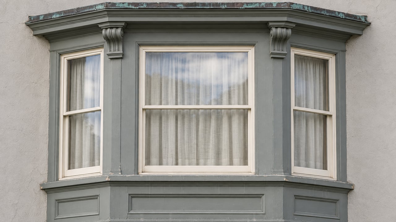 Close view of a muted green-gray timber bay window with ivory trim, aged copper flashing, and pale plaster walls in soft daylight.