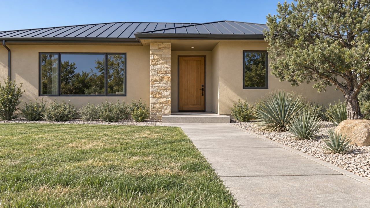 Sand-colored single-story home with dark metal roofing, a wood entry door, broad concrete approach, drought-tolerant lawn and a sculptural piñon pine.
