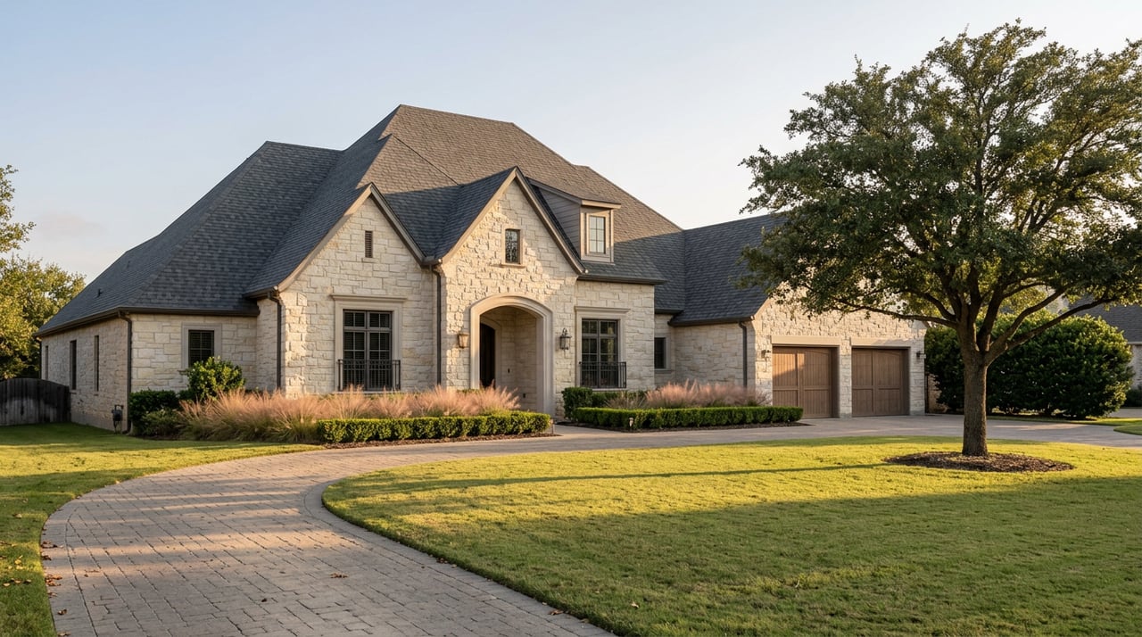 Stone custom home with steep gables and arched entry, set beyond a broad lawn and curving paver driveway beneath a live oak.