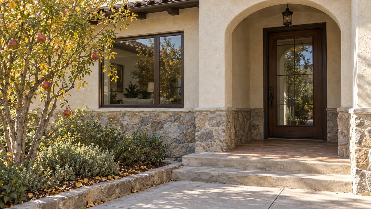 Stucco entry with arched porch, glazed wood door, window, and pomegranate tree bearing yellow leaves.