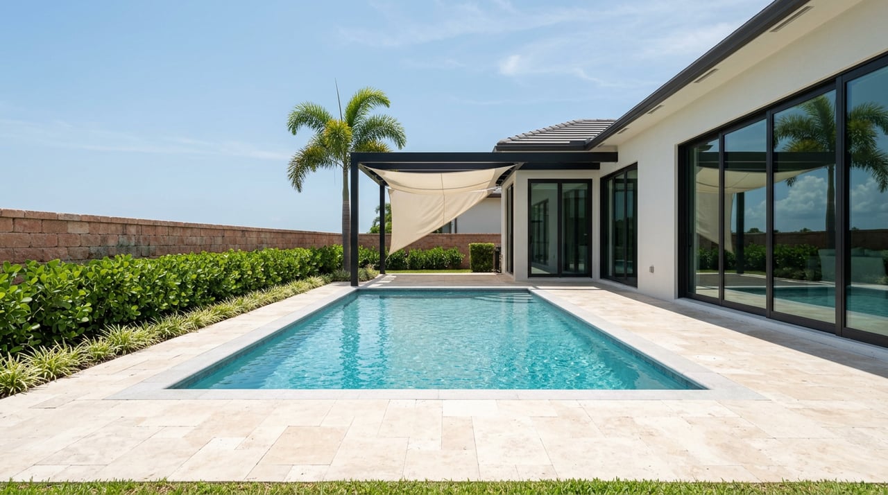 Turquoise pool on an ivory-paver terrace, with a black pergola, foxtail palm, and glass-walled house.