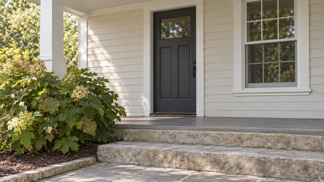 Charcoal paneled front door beside a white-trimmed window, above limestone steps and an oakleaf hydrangea bed.