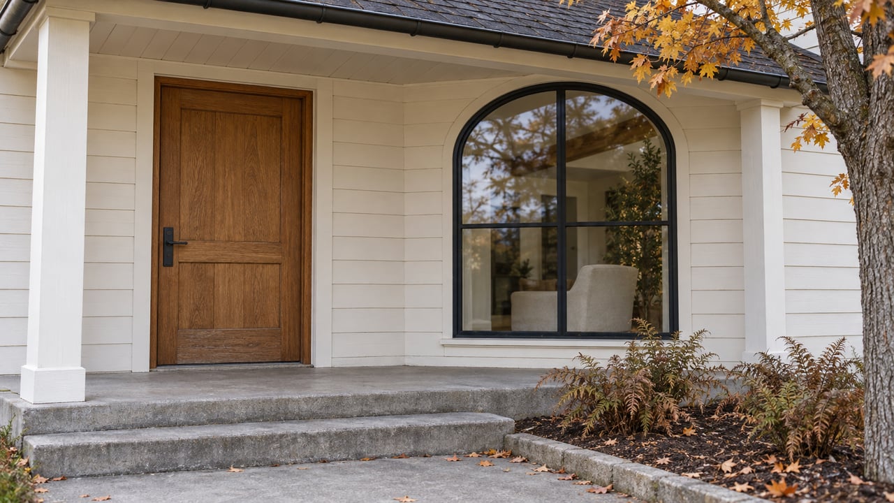 Autumn light on a sheltered oak front door, white timber siding and a black-framed arched window, with broad concrete steps and copper maple leaves.