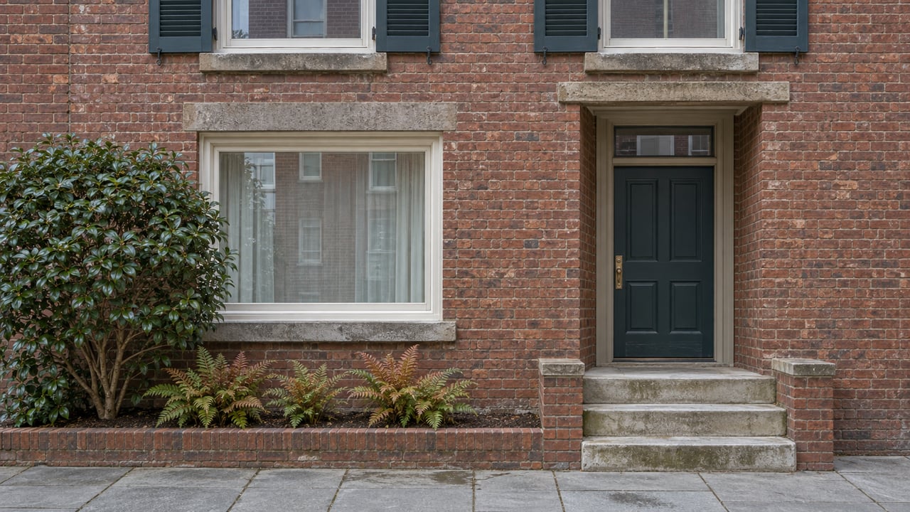 A well-kept brick home with tall shuttered windows, a blue-green recessed door, worn stone steps and a small camellia planting beside the sidewalk.