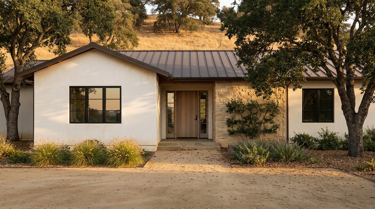 Single-story plaster home with a covered entry, sandstone wall, oak canopy, and gravel motor court.