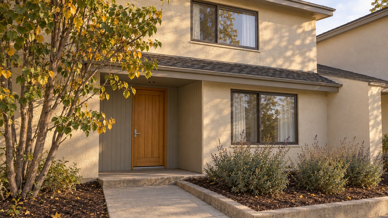 Two-story beige home with a wooden front door, autumn tree, and landscaped walkway.