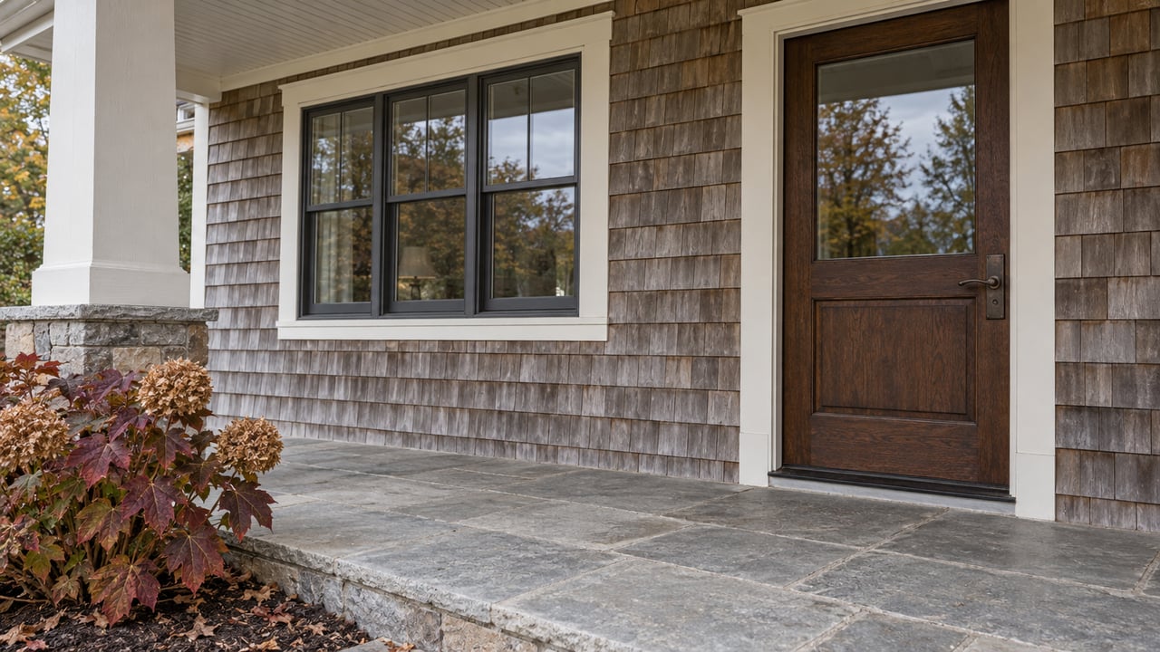 Covered home entrance with weathered cedar shingles, a glazed oak door, gray stone paving and burgundy oakleaf hydrangea.