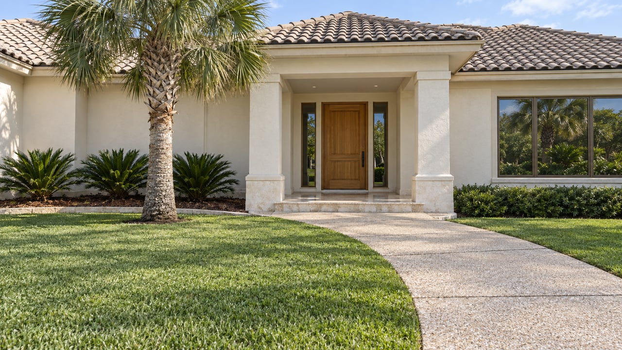 Light stucco home with a tiled roof, sheltered wood entry, shell-aggregate path and carefully planted palm beside a deep front lawn.