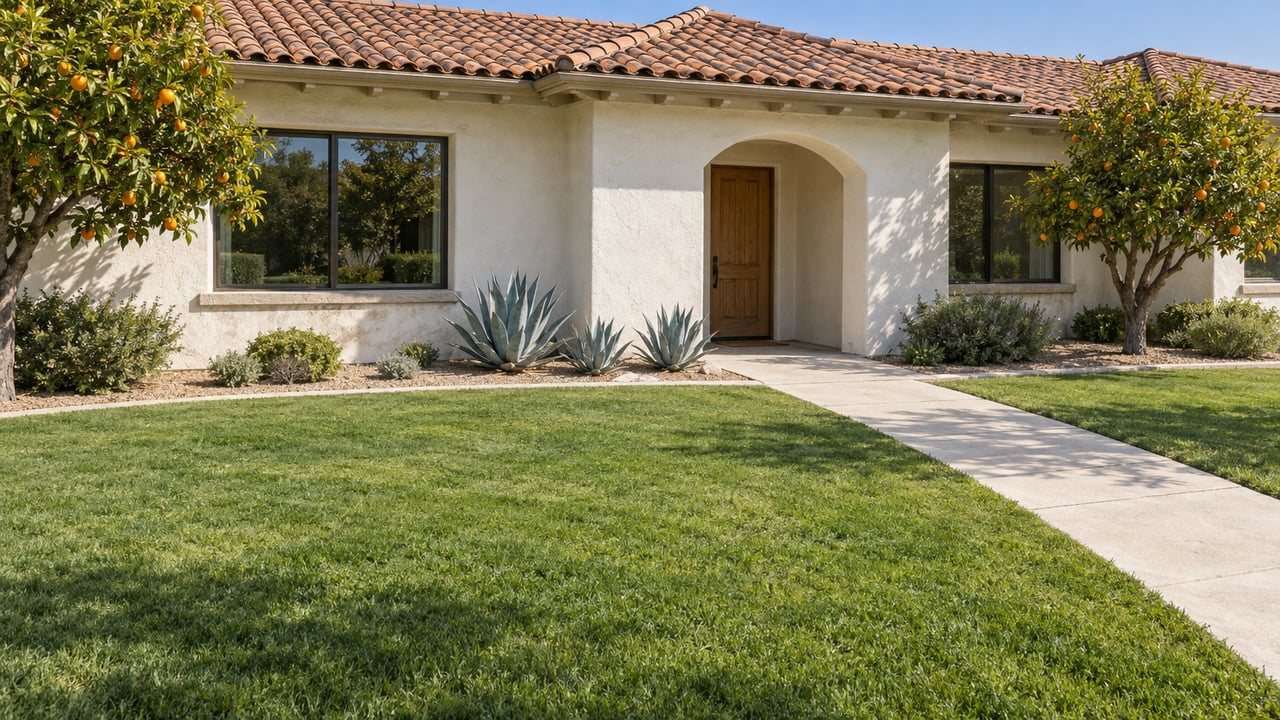 Low white-stucco home with terracotta roof, a deep green lawn, mature orange trees and a concrete walk to a recessed arched entry.