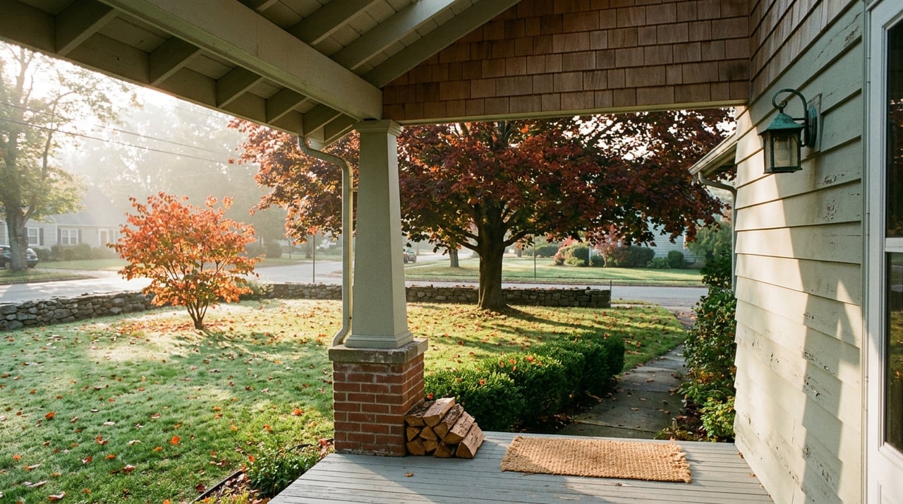 Craftsman porch columns frame a lawn with a low stone wall, beneath a red-orange maple canopy.