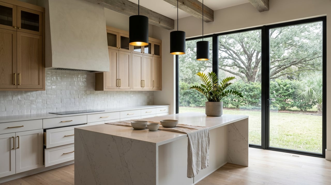Bright kitchen with a veined quartz island, oak cabinetry, black pendants, and a window framing greenery.