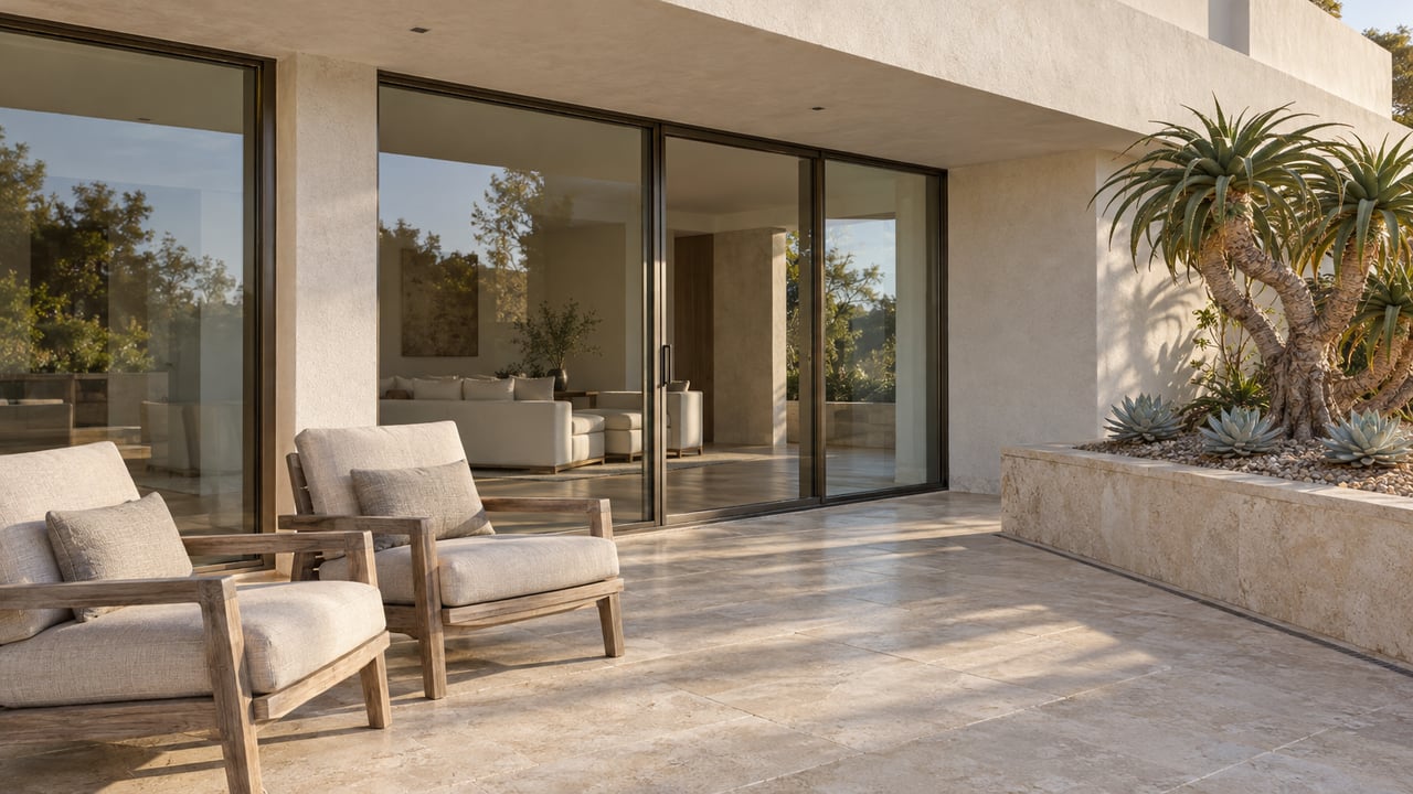 Sunlit limestone terrace with teak lounge chairs, bronze-framed glazing and sculptural aloe in a raised stone planter.