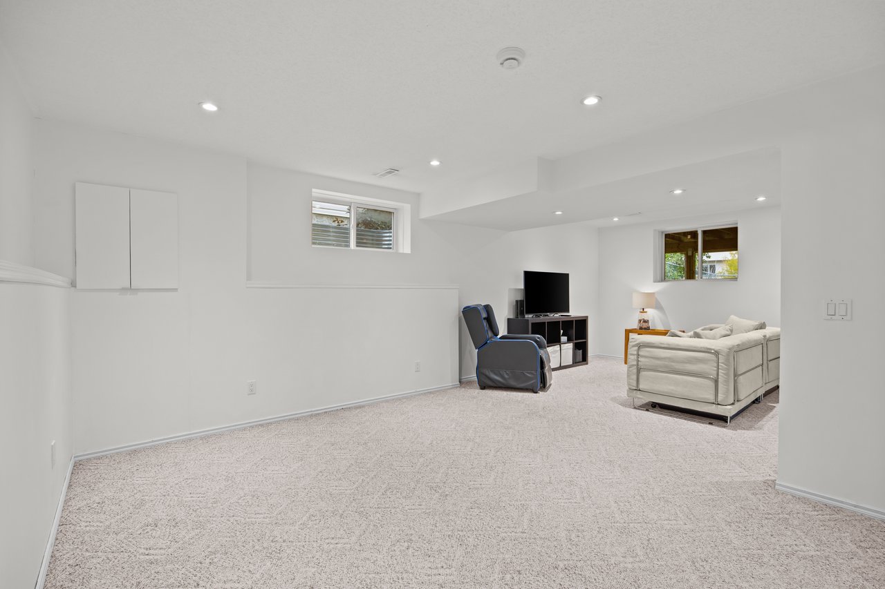 Carpeted basement recreation room with a sofa, television, and recliner.