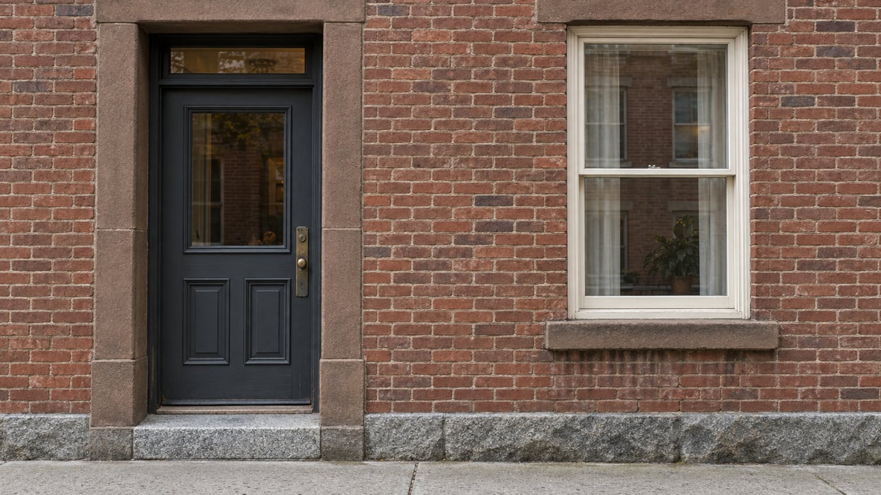 Weathered brick residential facade with a charcoal wood entry door, sandstone trim and an ivory sash window above a granite threshold.