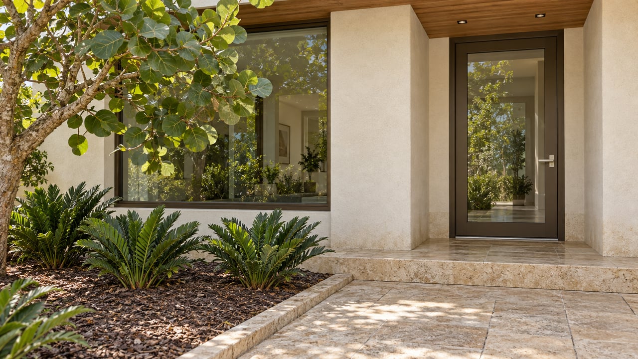 Sunlit ivory stucco home entrance with bronze-framed glass, a wood soffit, travertine approach and sculptural sea grape planting.