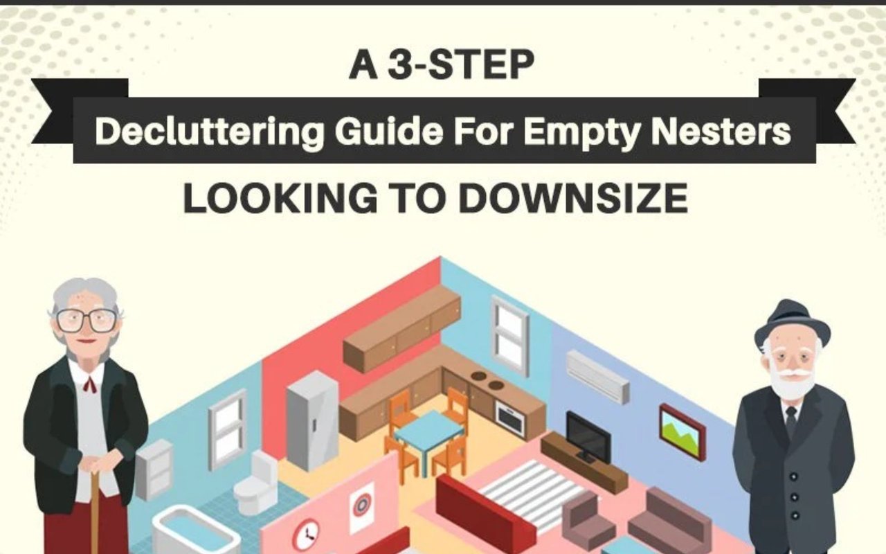 Decluttering guide infographic shows two older adults beside a furnished cutaway home.