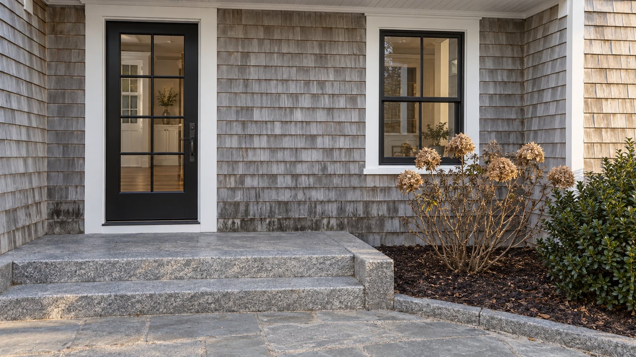 Winter afternoon light on a cedar-shingled home's black glass entry door, white-trimmed window and broad granite steps beside dormant oakleaf hydrangea.