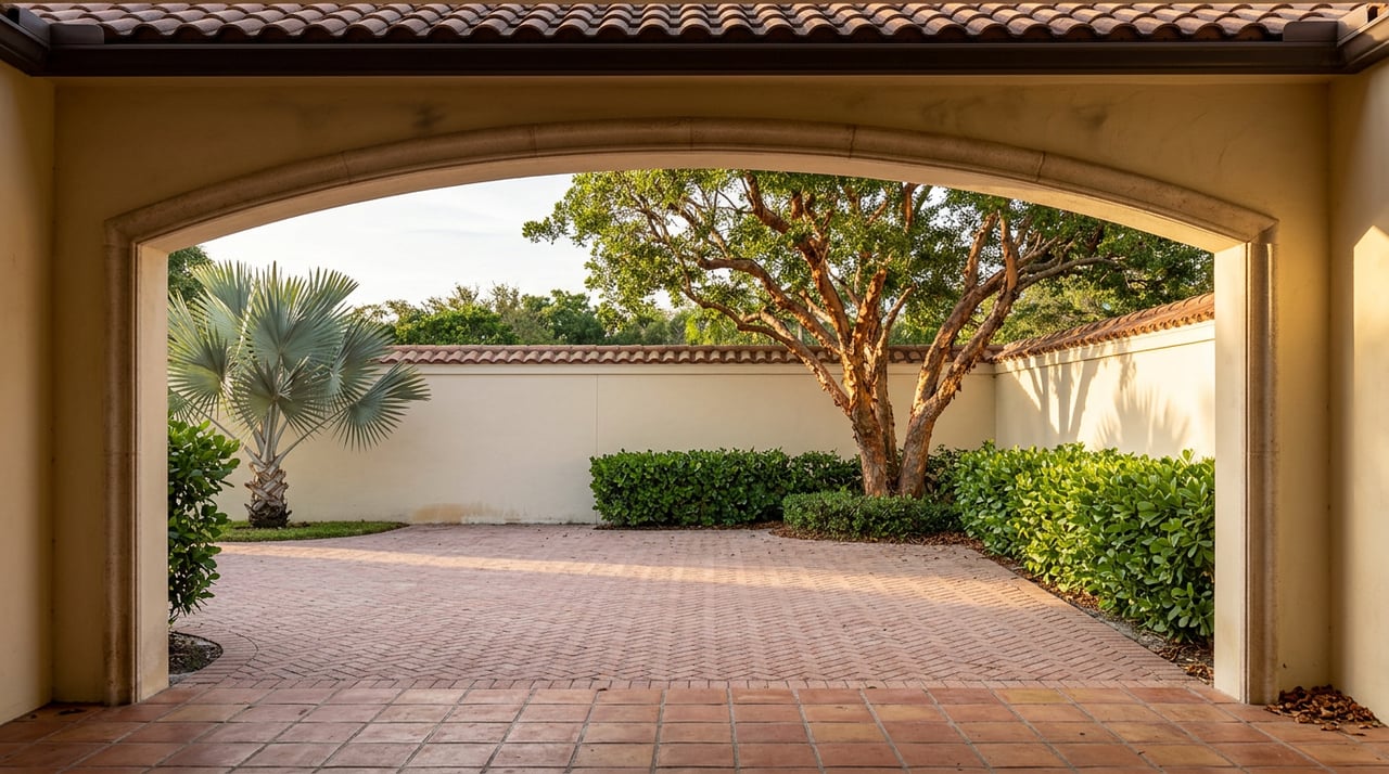 A plastered archway frames a herringbone brick motor court, stucco garden wall, and copper-barked tree.
