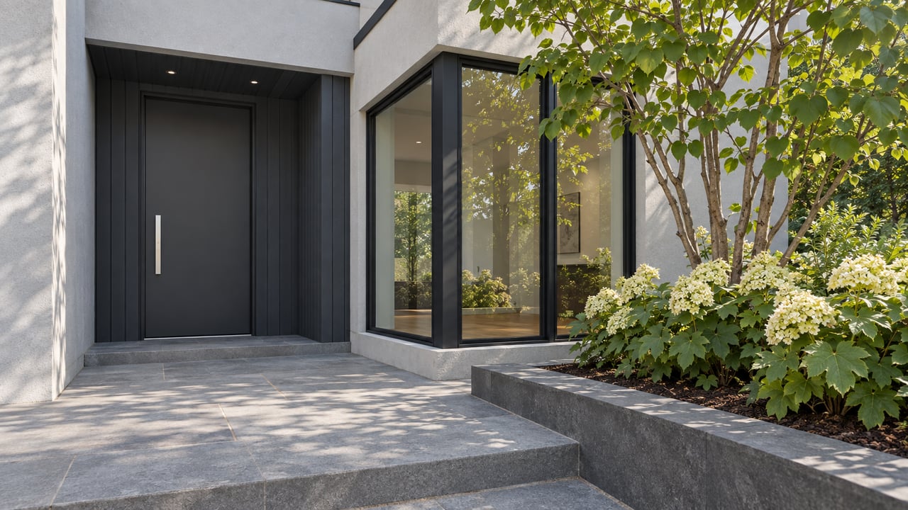 Pale stucco home with a recessed charcoal entry, tall black-framed glazing, gray stone landing and a raised bed containing redbud and oakleaf hydrangeas.