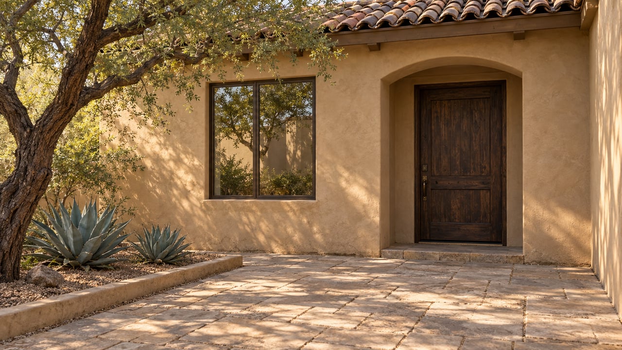 Sand-stucco entry with a recessed wood door, bronze-framed window, and ironwood canopy over limestone paving.