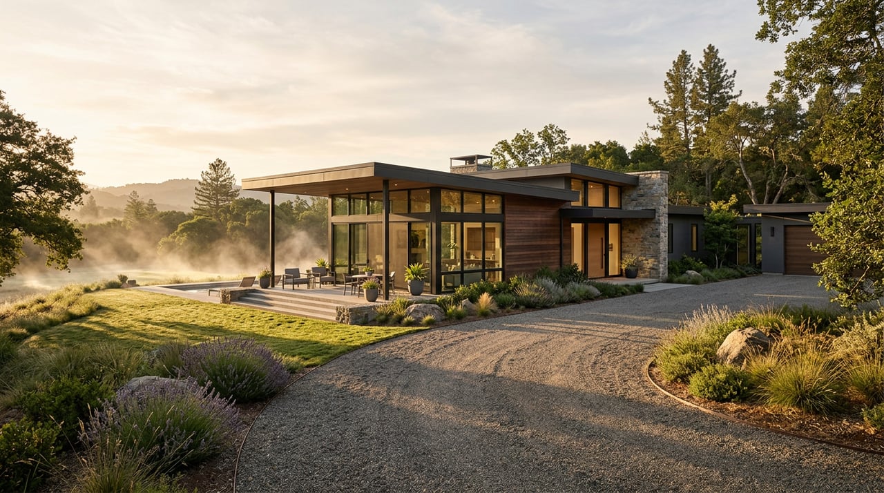 Single-story home with concrete and cedar facade, glass entry, and gravel motor court beneath a large oak.