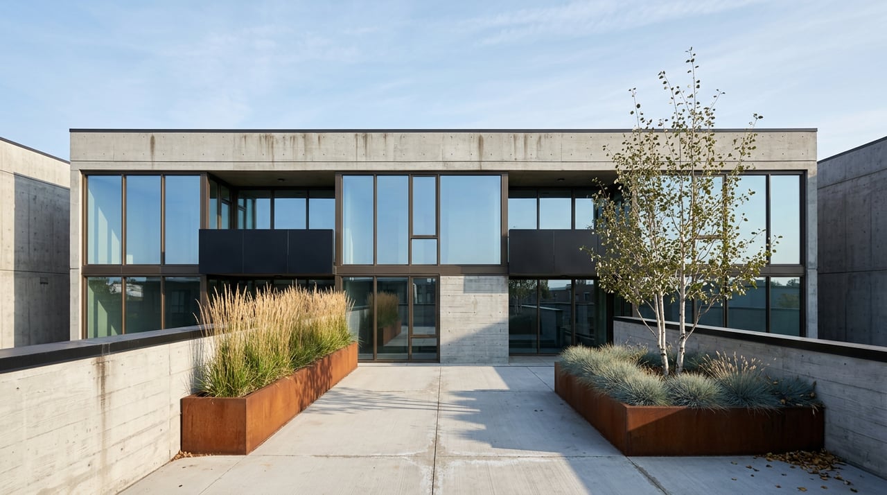A shared courtyard with concrete residential facade, bronze-framed windows, corten planters, grasses, and pale-barked aspen.