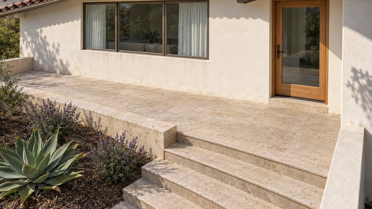 Close view of limestone entry steps and a cream stucco home, with bronze-framed glazing and a retained bed of agave and sage.