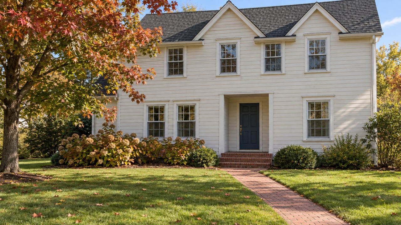 Pale clapboard house with steep gables, a deep front lawn, brick walkway and a mature maple beginning to turn red.