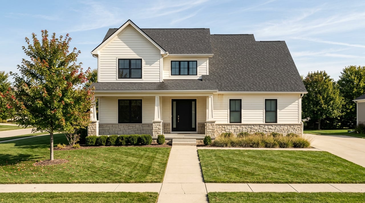 Two-story white-sided home with porch, gabled roof, lawn, walkway, and maple leaves turning red.