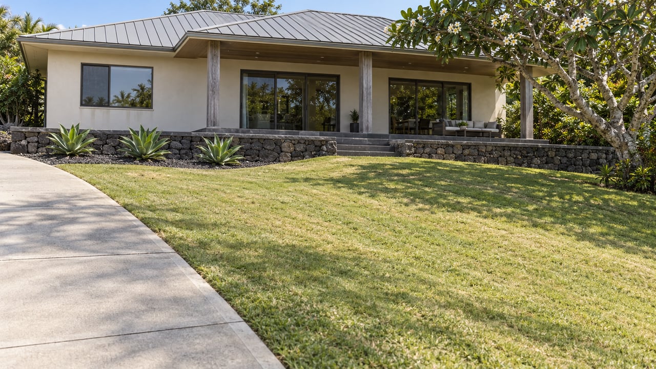 An established low-roofed home with a covered lanai overlooks a broad sloping lawn, basalt terrace walls and a flowering plumeria tree.