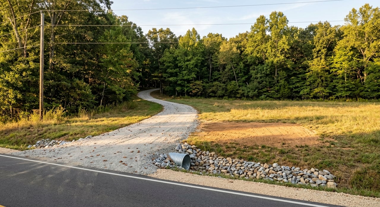 Gravel driveway rises through a mown meadow beside a rural road, with a riprap-lined culvert and tree line.