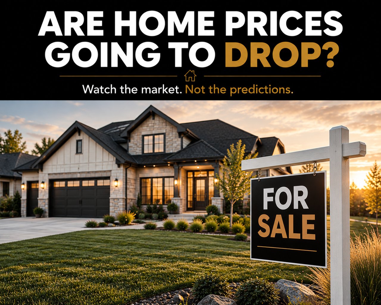 Are home prices going to drop? A house with a for-sale sign at sunset.
