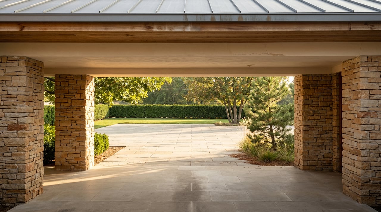 Stone loggia frames a sunlit motor court, with a sculptural conifer and clipped hedge beyond.