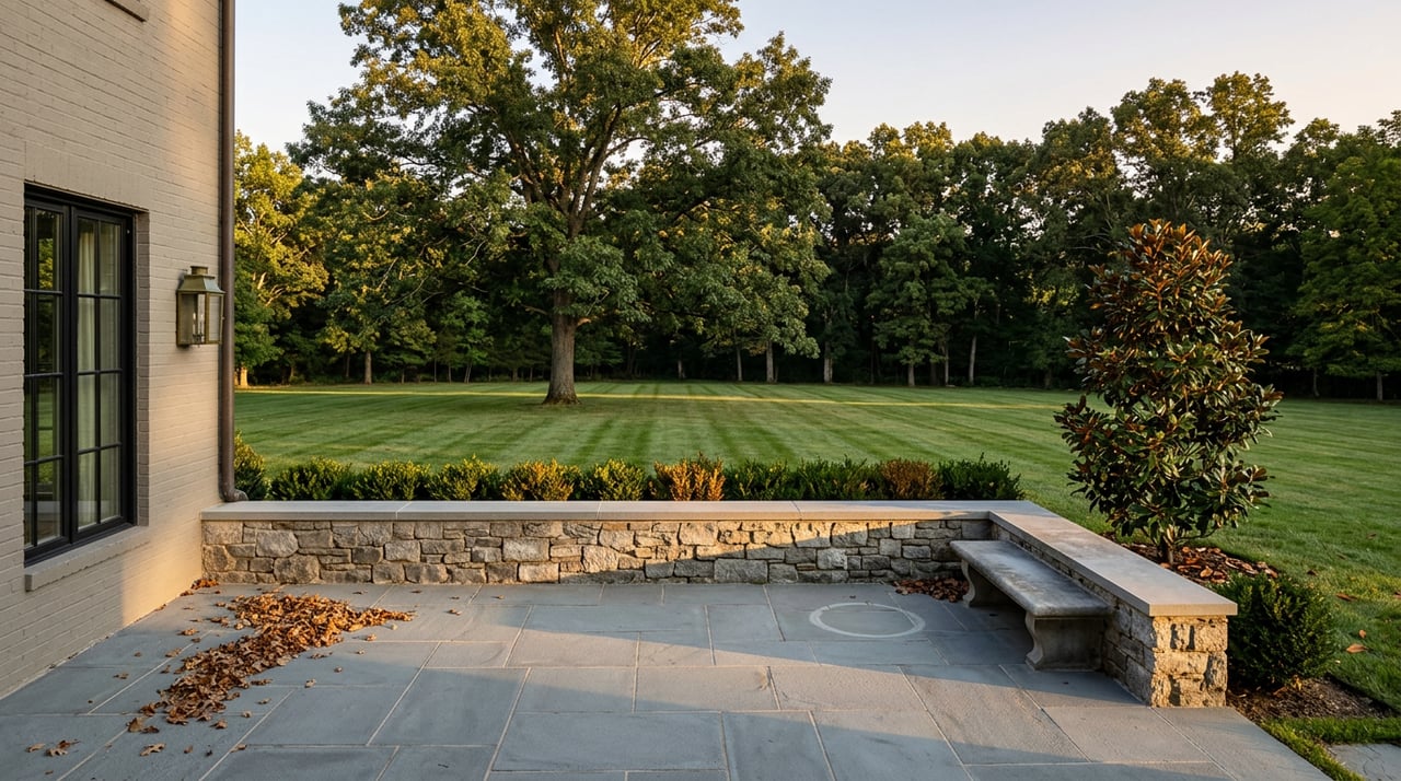 Stone terrace and low wall overlooking a broad lawn, with a mature white oak and tree line beyond.