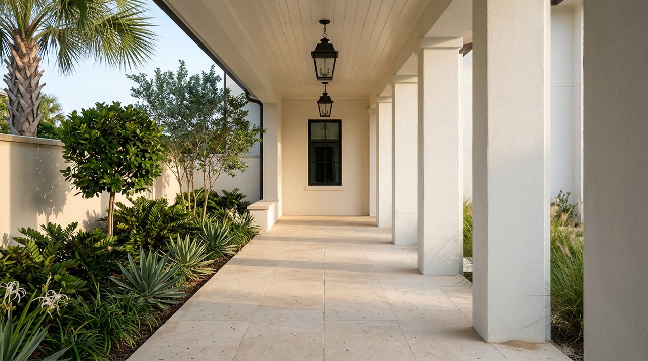 Covered loggia with white plaster columns, limestone floor, and tropical planting beside a stucco wall.