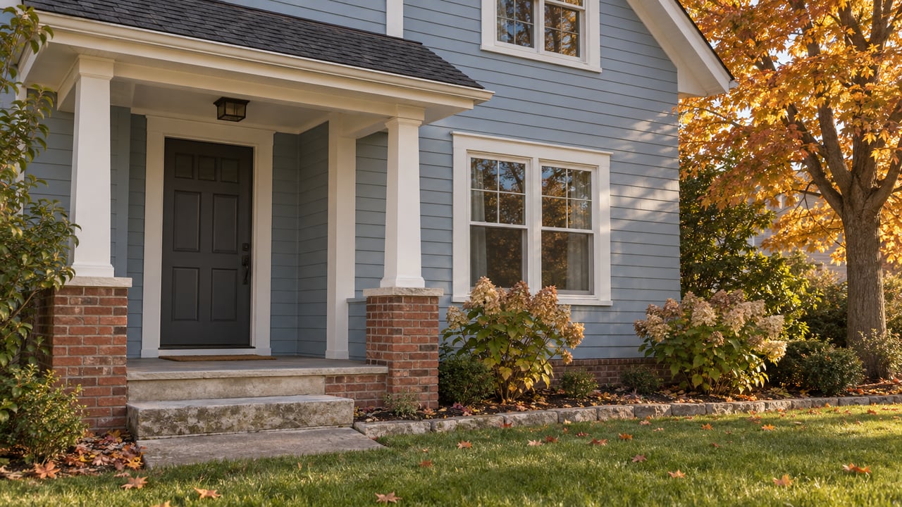 Pale blue-sided house with a recessed paneled entry, white-trimmed window, brick steps, and amber tree canopy.