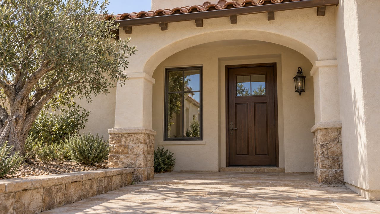 Sunlit cream-stucco home entrance with a broad arch, oak door, terracotta roof tiles and an olive tree beside a stone-paved approach.