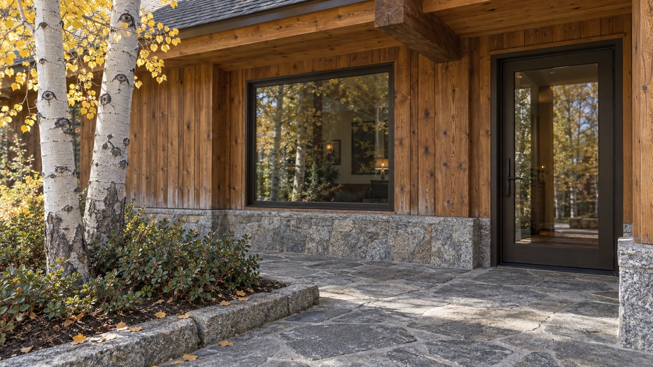 Autumn light on a cedar home's covered entry, with granite paving, closed glass door and golden aspen leaves.