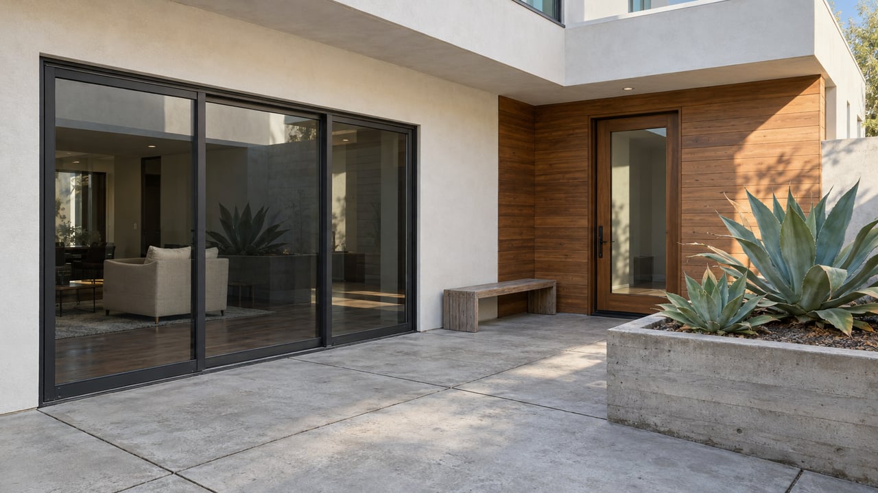 Sunlit modern courtyard with white stucco, weathered cedar, dark-framed glass doors and two agaves in a raised concrete planter.