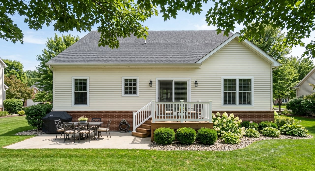 Rear patio with raised wooden deck, black dining set, closed umbrella, and cream-sided house.
