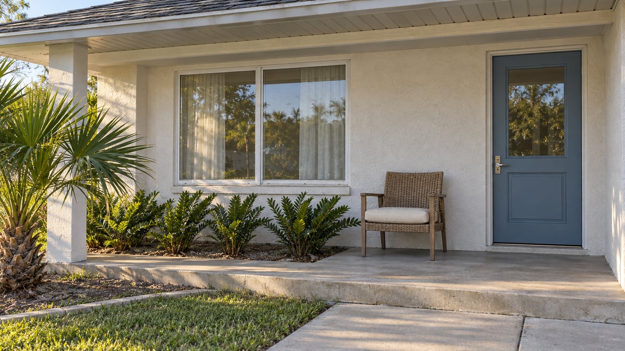 Home’s front porch with a blue door, wicker chair, and tropical landscaping.